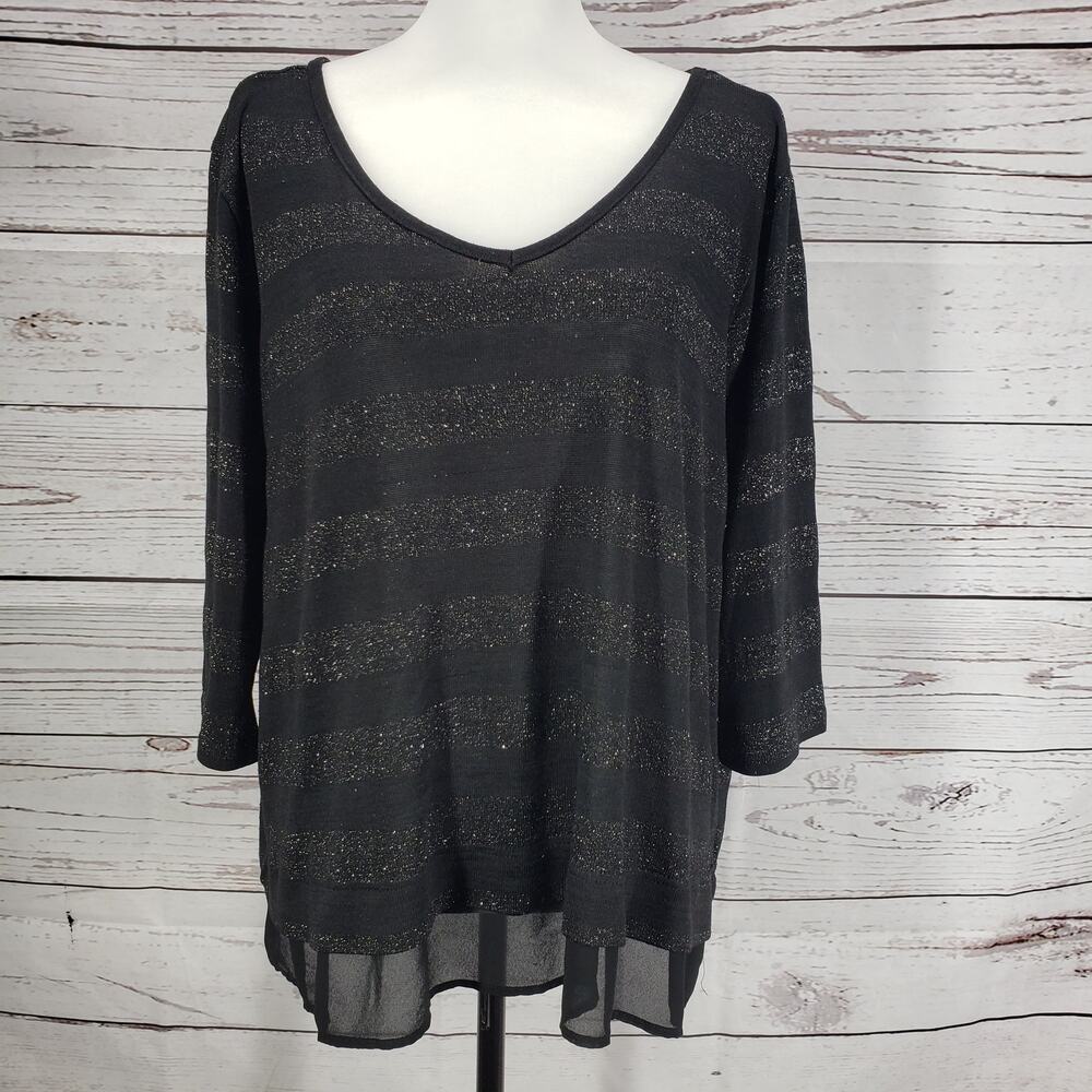 Lane Bryant Black V-Neck Metallic Stripe Top Blouse Size 26/28